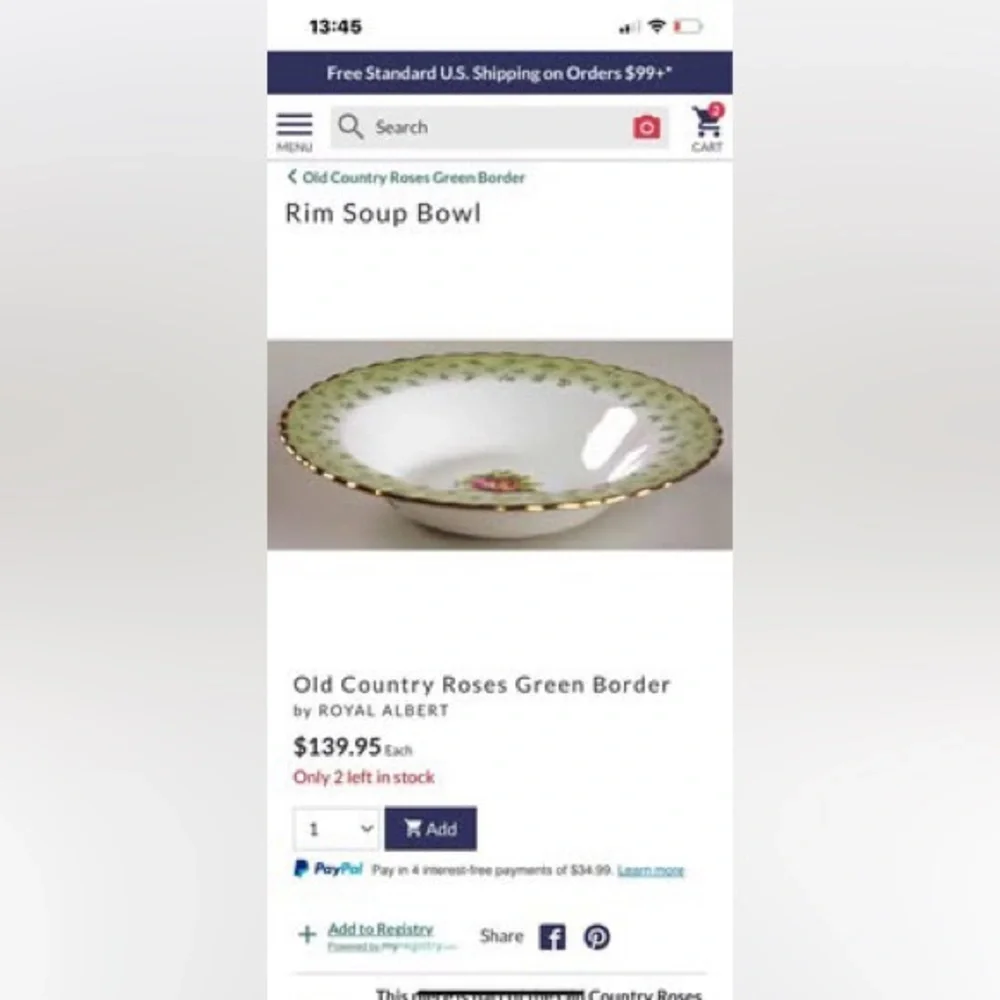 Set of 2 Rare Royal Albert Old Country Roses Green Border bowls 8”